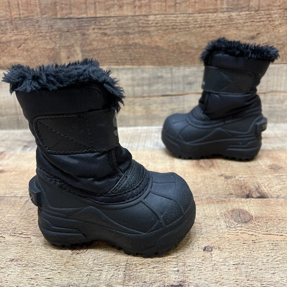 Sorel Commander Baby Boys Black Faux Fur Winter Snow Boots Size 4